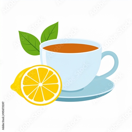 Obraz na płótnie A cup of tea with a lemon slice and two green leaves. The cup sits on a saucer w salonie