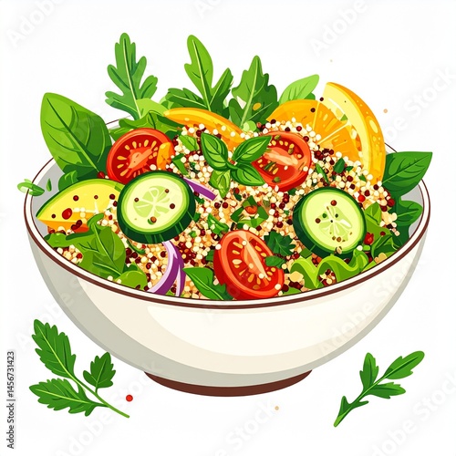 Colorful illustration of a healthy quinoa salad with fresh vegetables and a lemon slice in a white bowl