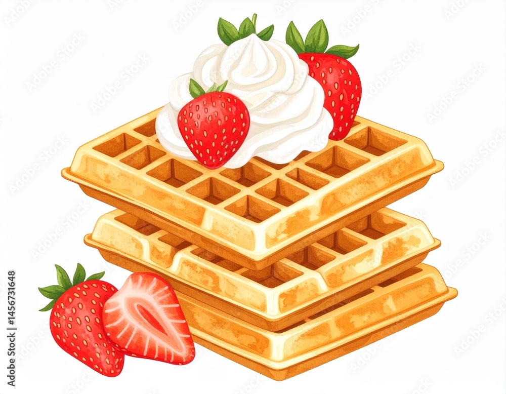 Stacked waffles topped with whipped cream and strawberries; tasty dessert or sweet breakfast treat