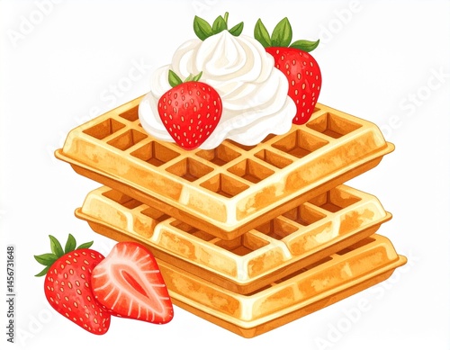 Obraz na płótnie Stacked waffles topped with whipped cream and strawberries; tasty dessert or sweet breakfast treat w salonie