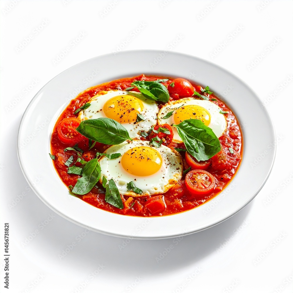 A white plate with three sunny-side-up eggs in a vibrant tomato sauce, garnished with basil leaves and cherry tomatoes