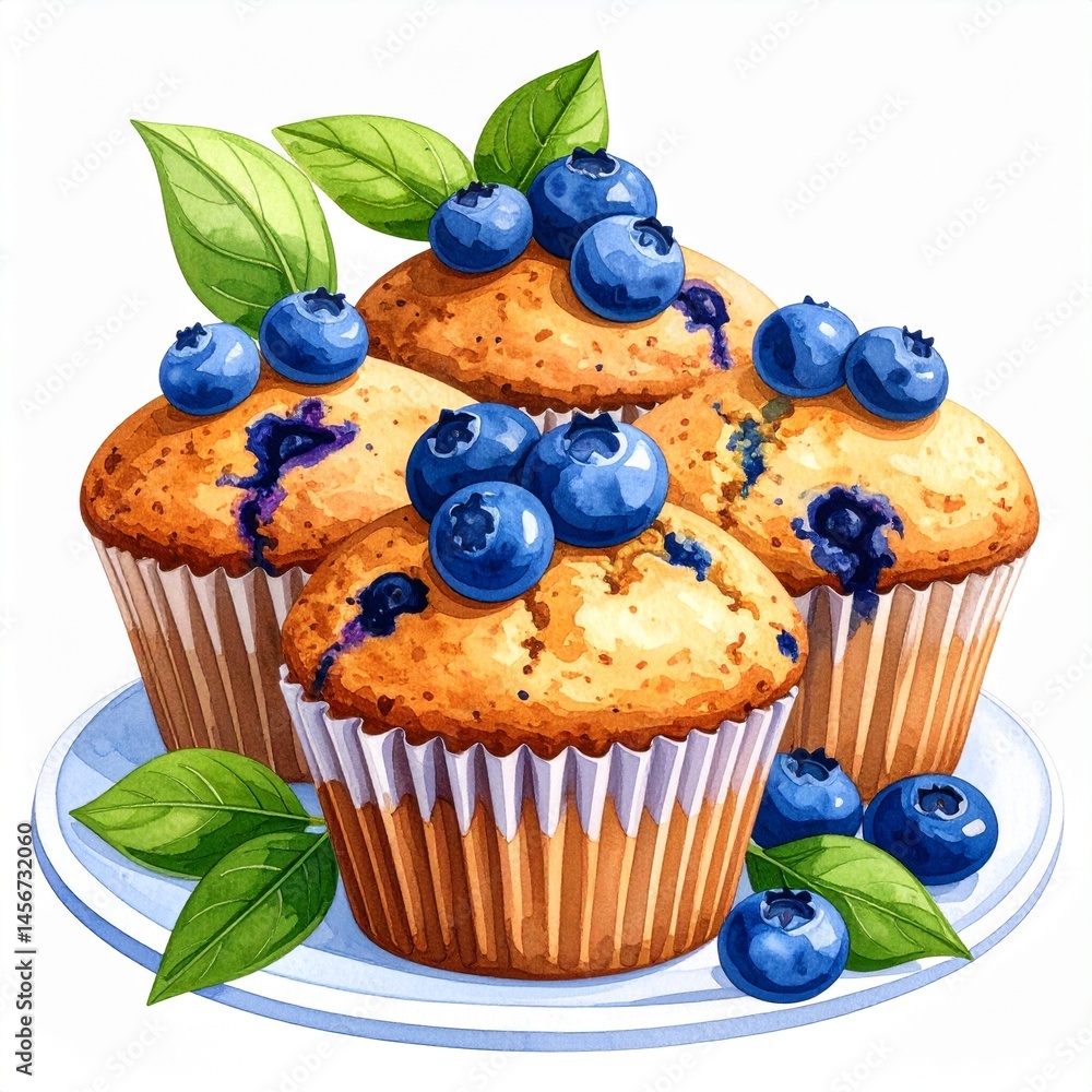Blueberry muffins on plate, garnished with green leaves