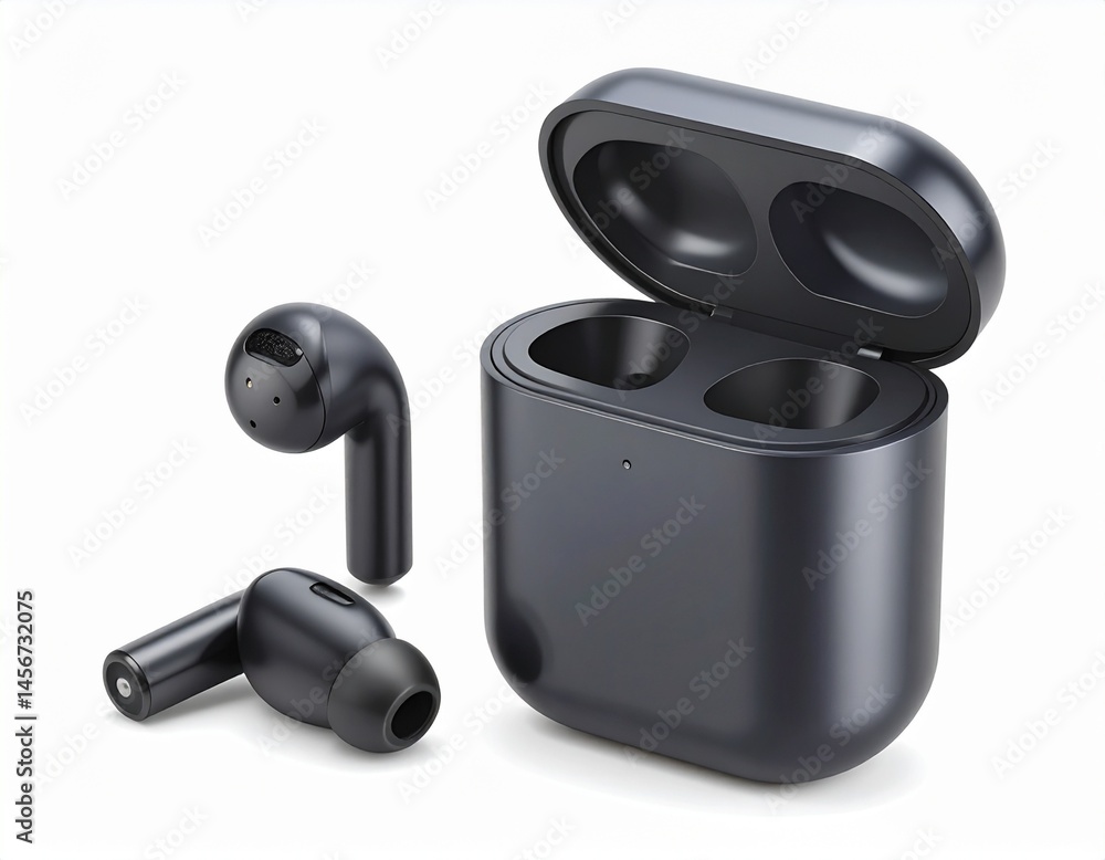 Sleek, glossy black earbuds next to their charging case, lid open, on a white surface