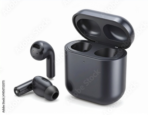 Sleek, glossy black earbuds next to their charging case, lid open, on a white surface