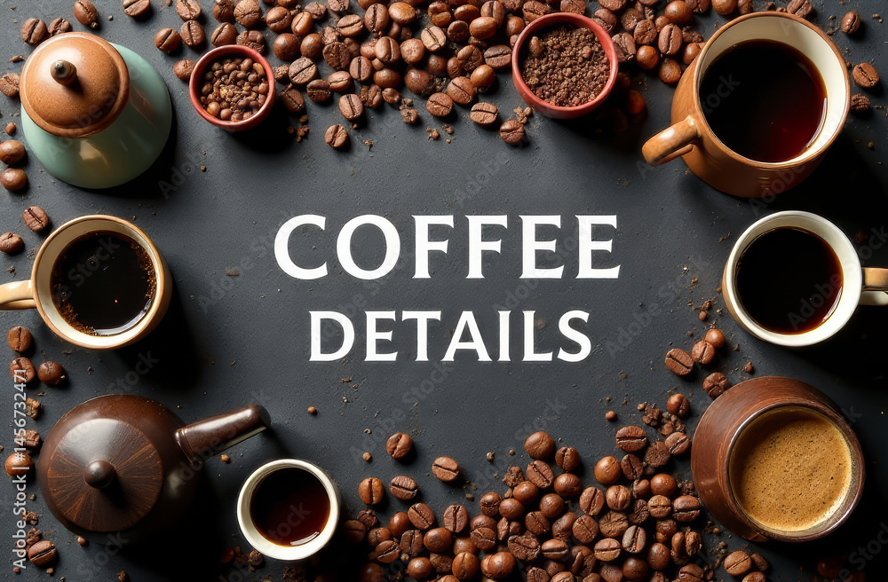 A creative coffee background showcasing a variety of coffee beans, cups, and brewing equipment