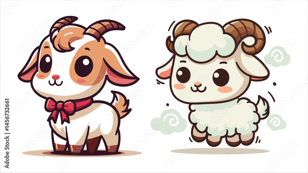 set of cute cartoon goats sheep with big eyes and happy faces, perfect for kids designs, books, and animal themed content, Islamic Eid al-Adha poster social media. set of cute cartoon goats sheep with big eyes and happy faces, perfect for kids designs, books, and animal themed content, Islamic Eid al-Adha poster social media.