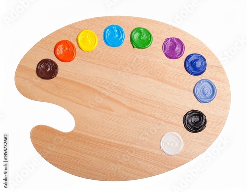 Wooden palette with vibrant paint dabs arranged in a semi-circle, against a white background