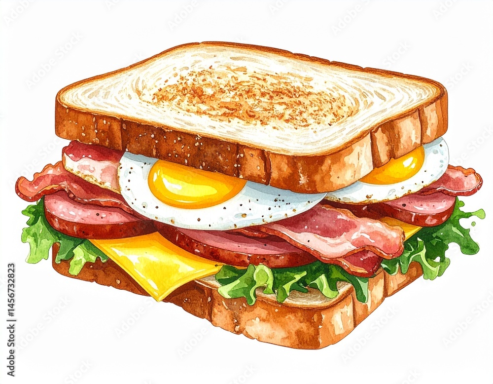 Watercolor painting of a breakfast sandwich, showcasing layers of ingredients on toasted bread