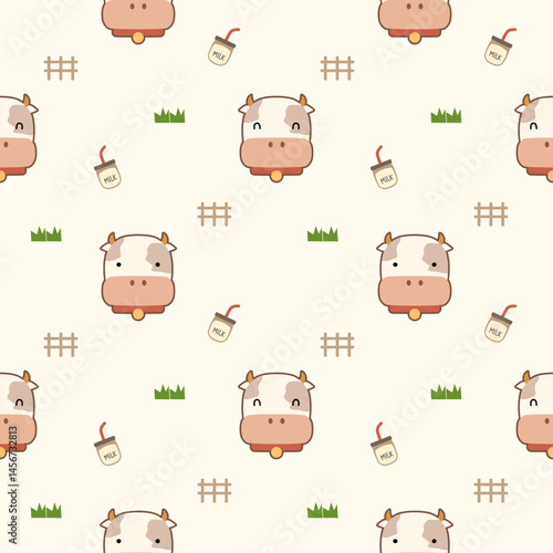 Face cow cartoon so cute. On fence grass milk background. Pattern seamless vector illustration. 