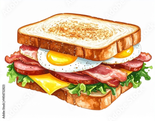 Obraz na płótnie Watercolor painting of a breakfast sandwich, showcasing layers of ingredients on toasted bread w salonie