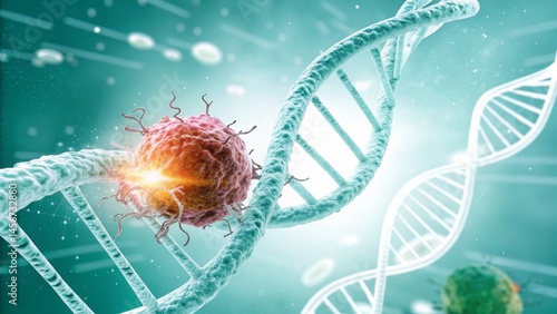 cancer, oncology and genetics concept. DNA strand with a cell in a scientific background.