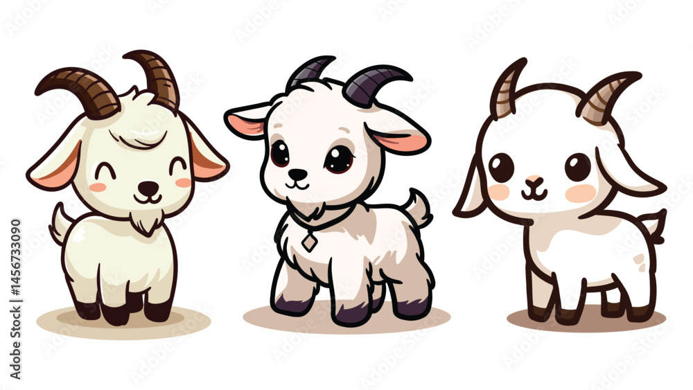 Fototapeta premium set of cute cartoon goats sheep with big eyes and happy faces, perfect for kids designs, books, and animal themed content, Islamic Eid al-Adha poster social media.