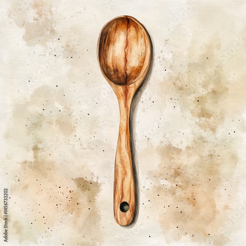 Watercolor painting of wooden spoon on mottled background artful kitchen utensil illustration cooking tool