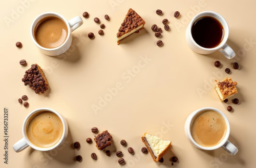 A stylish flat lay of assorted coffee cups on a soft beige surface, each filled with unique coffee beverages, copy space
