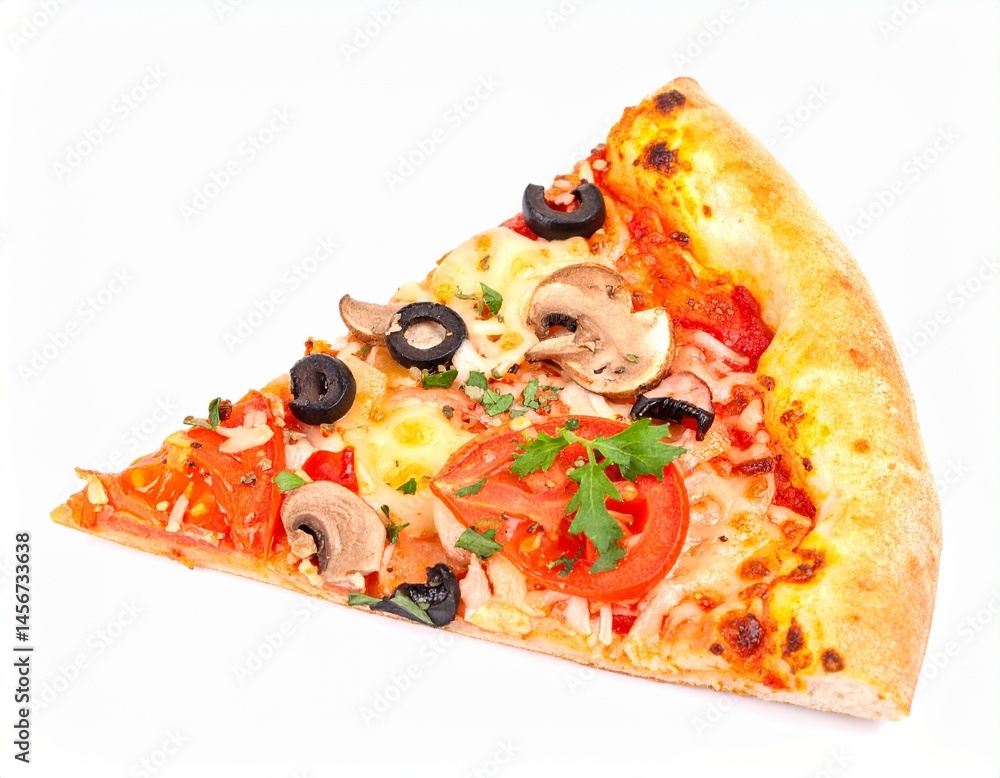 Pizza slice olives, tomato, mushroom and herbs on cheesy triangle slice against white background