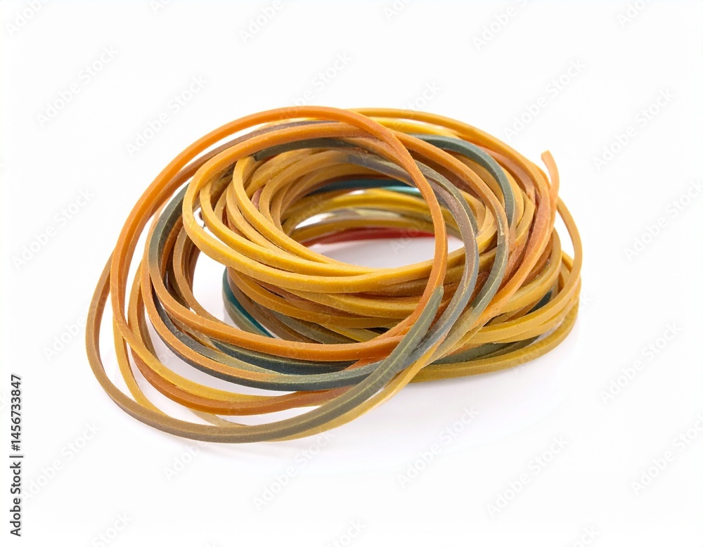 Heap of colorful rubber bands bundled together on a white surface in a circular coiled shape Heap of colorful rubber bands bundled together on a white surface in a circular coiled shape