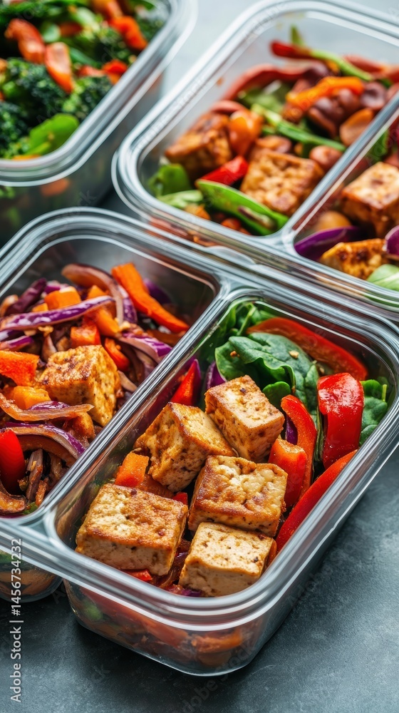 Close-up of Meal Prep Containers with Tofu and Vegetables in a Kitchen Setting for Healthy Eating and Dieting Close-up of Meal Prep Containers with Tofu and Vegetables in a Kitchen Setting for Healthy Eating and Dieting