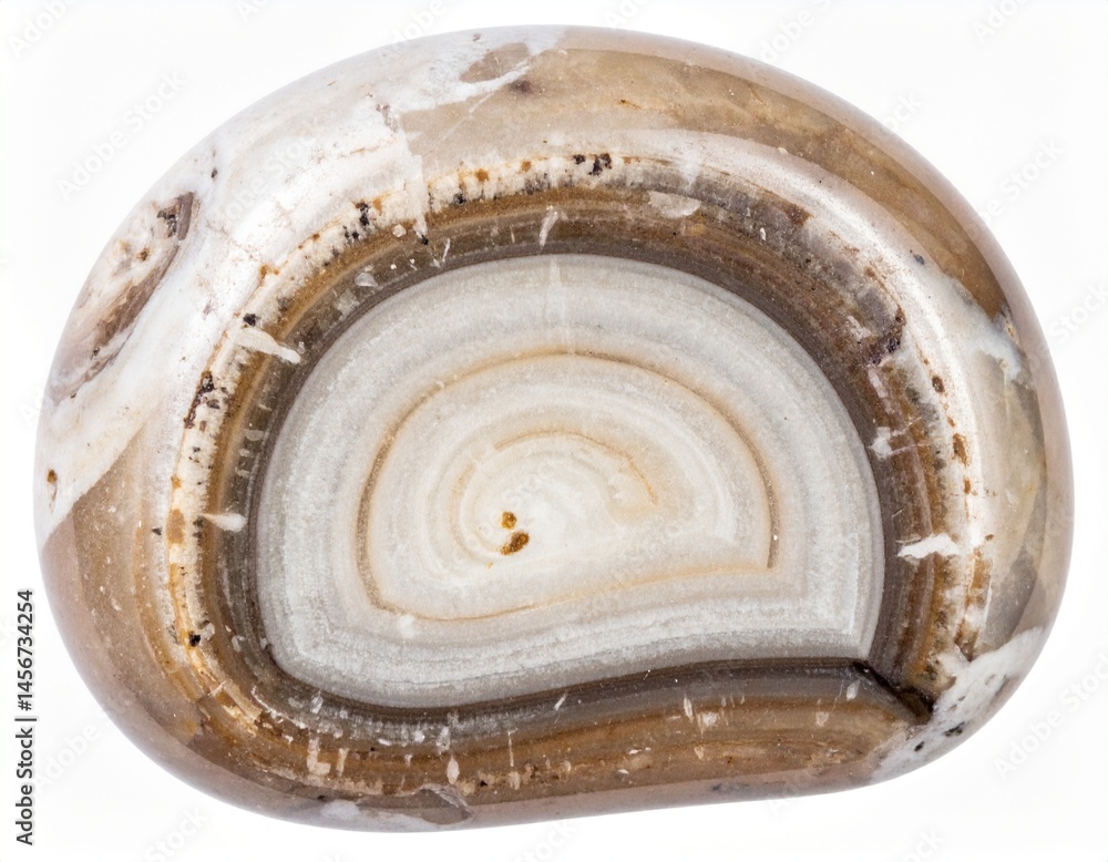 Polished agate stone with concentric bands of white, brown, tan, and black colors