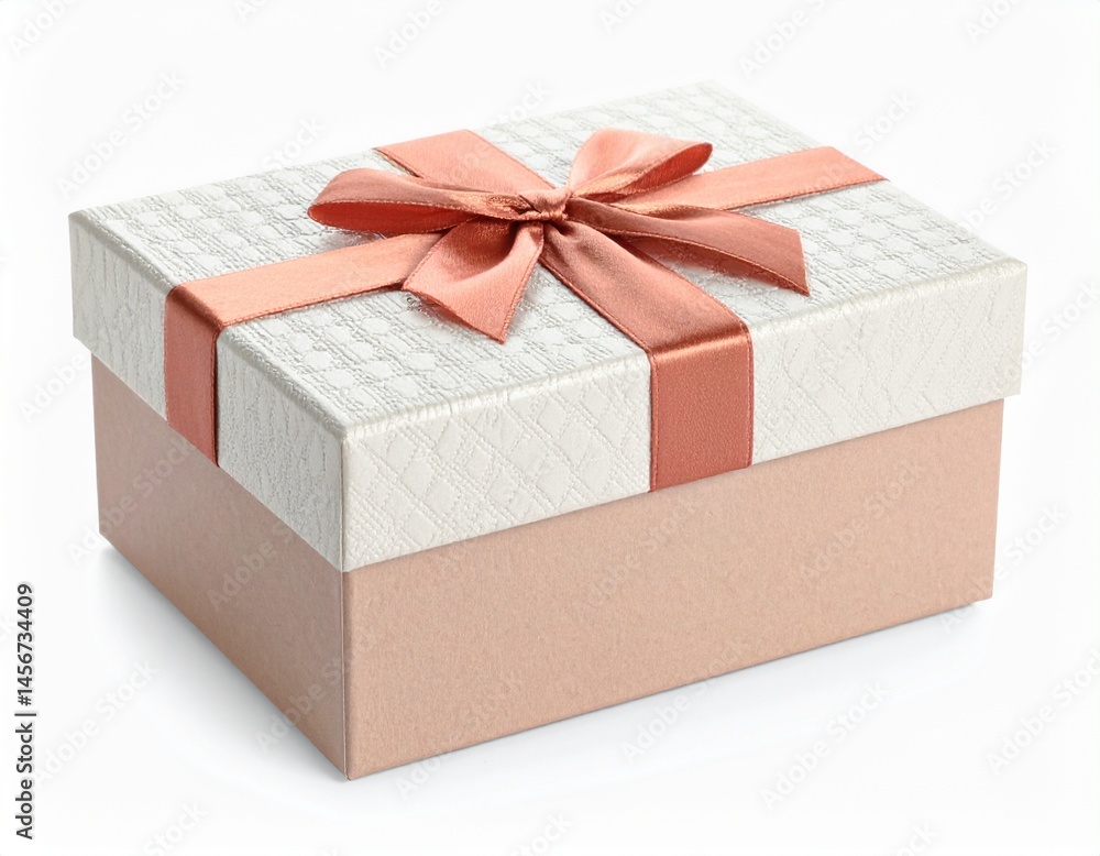 Elegant gift box with ribbon, two tone, textured lid & base, and light shadow on white