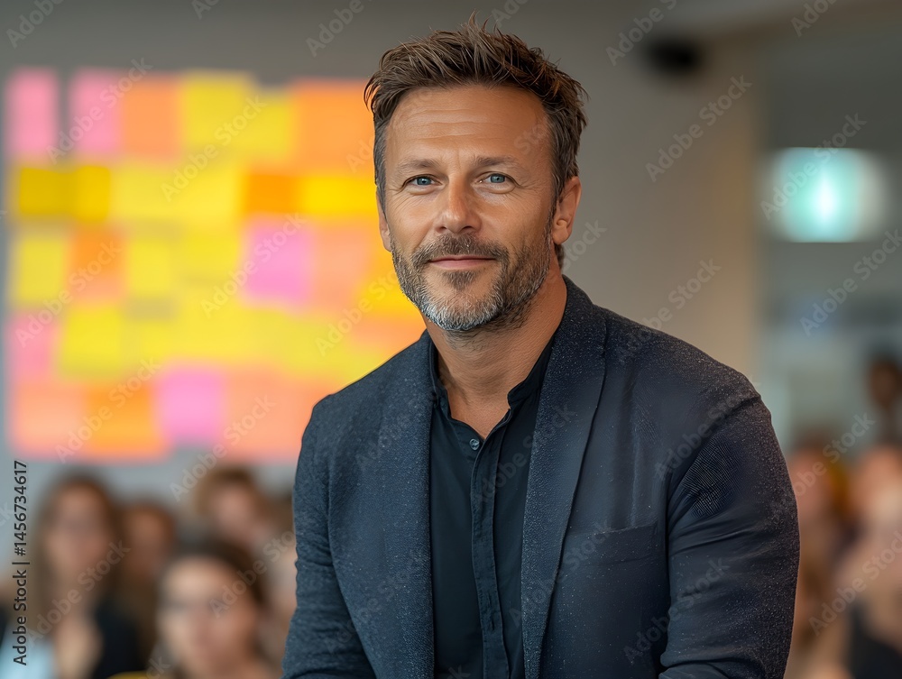 Fototapeta premium A confident mature man with a stylish beard smiles gently at the camera in a modern office setting.
