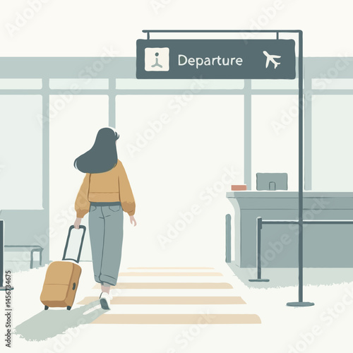 Woman walking to departure gate with suitcase