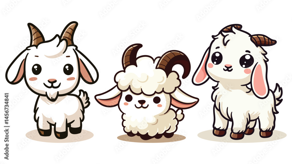 Obraz premium set of cute cartoon goats sheep with big eyes and happy faces, perfect for kids designs, books, and animal themed content, Islamic Eid al-Adha poster social media.