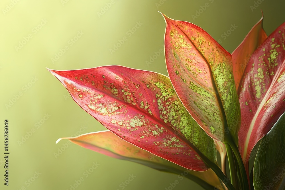Fototapeta premium Vibrant red and green plant leaves against a soft backdrop.