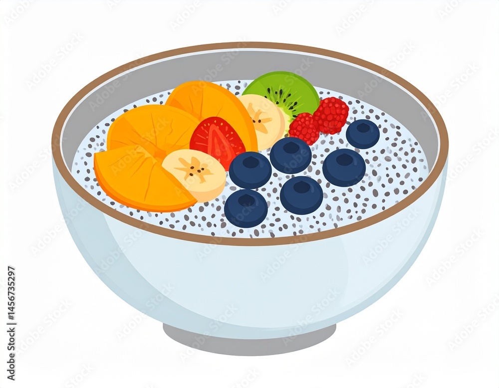 Bowl of chia pudding topped with fresh fruits peaches, bananas, berries, and kiwi slices