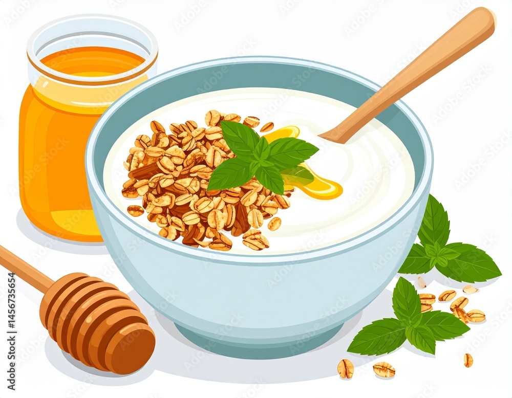 Yogurt bowl with granola, mint, and honey, next to a honey jar, and honey dipper