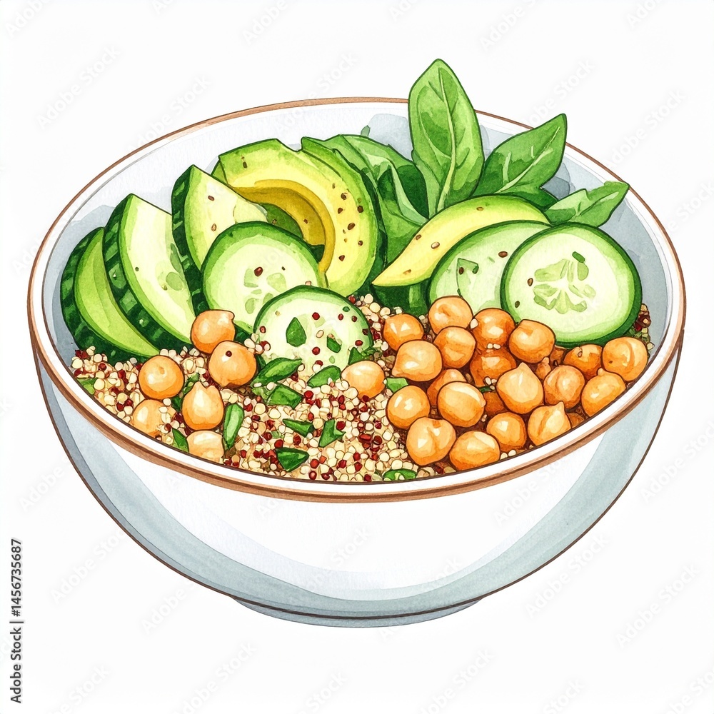 Colorful bowl with quinoa, chickpeas, cucumber, avocado, and greens, showcasing vibrant textures