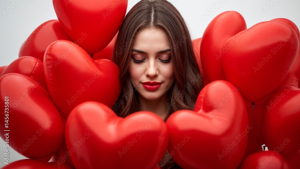 A woman is surrounded by many red heart shaped balloons. A woman is surrounded by many red heart shaped balloons.