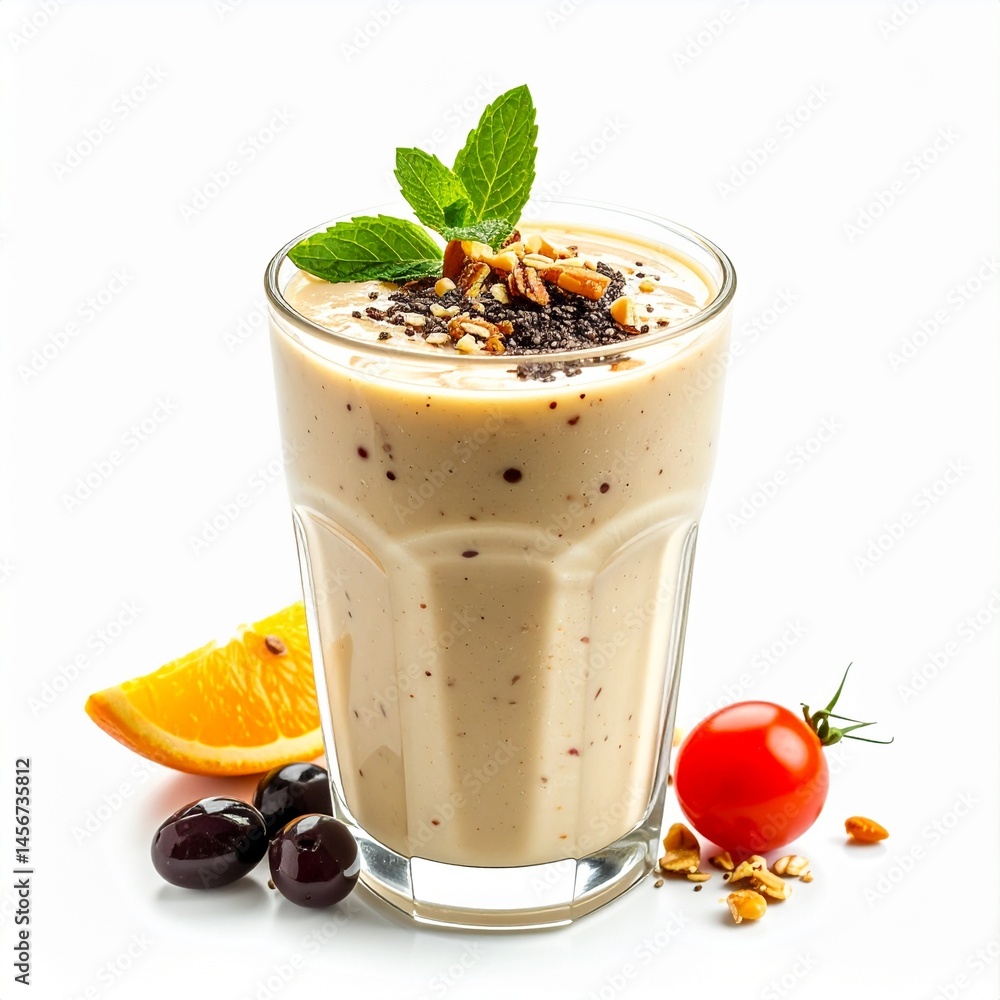 Creamy smoothie in a glass, topped with seeds and mint, with fresh fruits