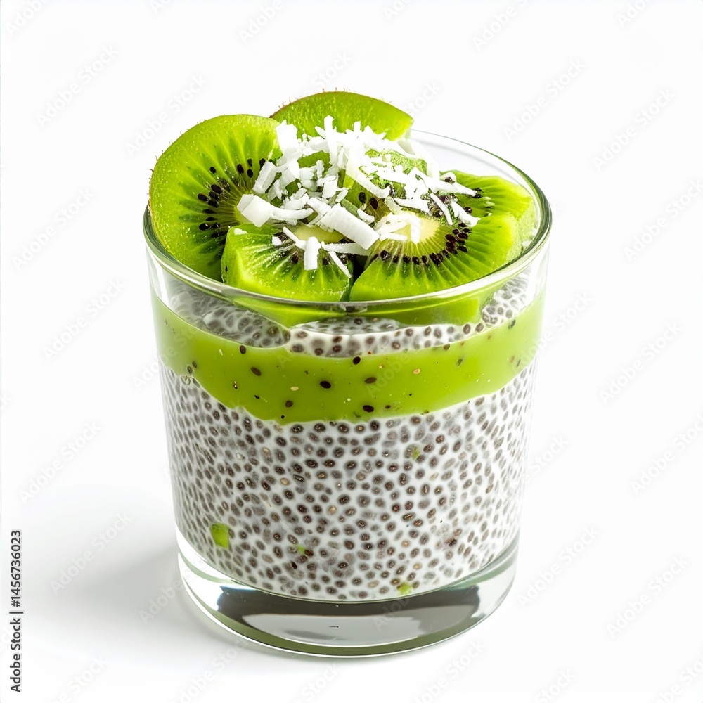 Layered dessert in glass chia seeds, green puree, sliced kiwi, and shredded coconut topping