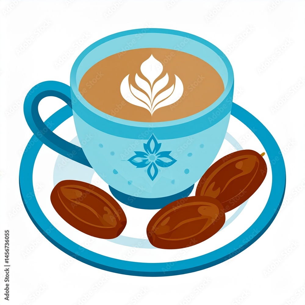 Hot beverage with floral art, served with dates on patterned saucer, simple illustration