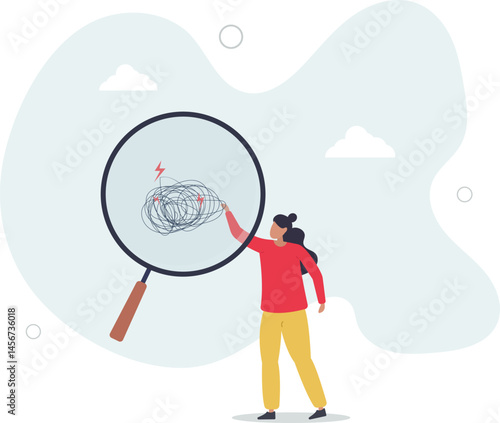 Analyze problem finding solution or opportunity, look for details to solve problem, discovery or search, root cause analysis or troubleshooting concept, character life .