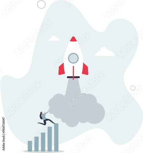 Boost rocket to business growing fast, investment growth, start or launch new business, innovation to boost success, rising up and improvement concept, character life .
