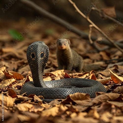 Cobra coils beneath fallen leaves, while mongoose watches from distance, a silent standoff beneath the jungle’s humid breath.