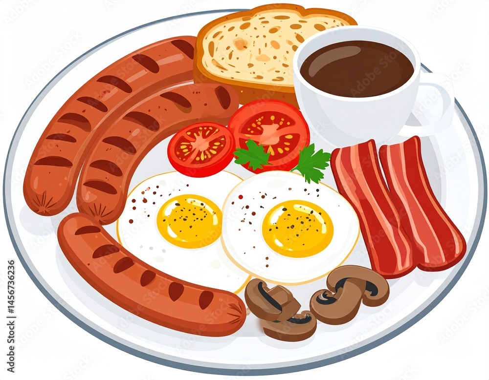 Full breakfast plate sausages, eggs, bacon, toast, mushrooms, tomatoes and drink served