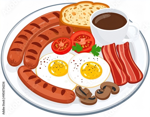 Obraz na płótnie Full breakfast plate sausages, eggs, bacon, toast, mushrooms, tomatoes and drink served w salonie