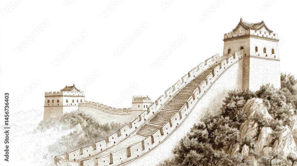 Obraz premium Majestic ink drawing of iconic Great Wall of China, showcasing its grandeur and historical significance