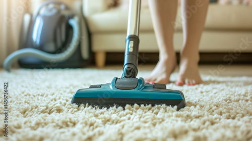 Close up of woman using vacuum cleaner for cleaning carpet at home