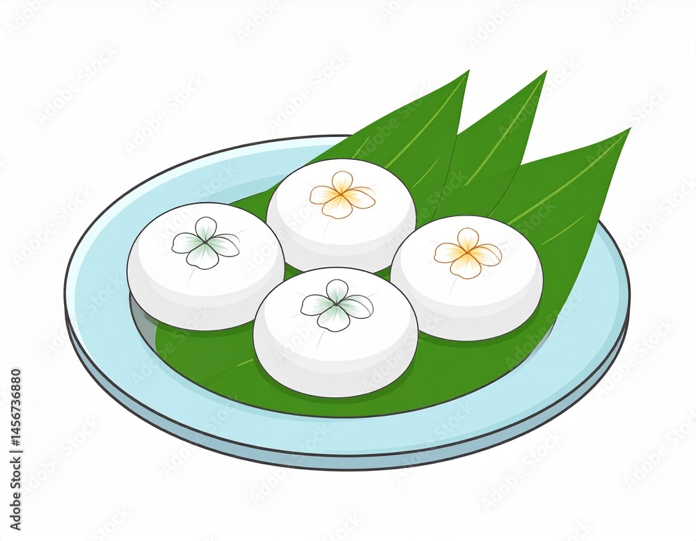 Plate of four round pastries adorned with colorful flower designs served over green leaves