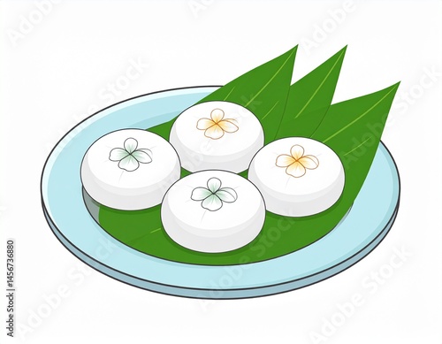 Obraz na płótnie Plate of four round pastries adorned with colorful flower designs served over green leaves w salonie