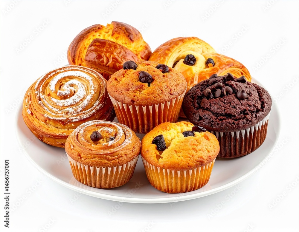 A white plate displays assortment of various pastries including muffins and sweet rolls, all appetizing and delectable treats