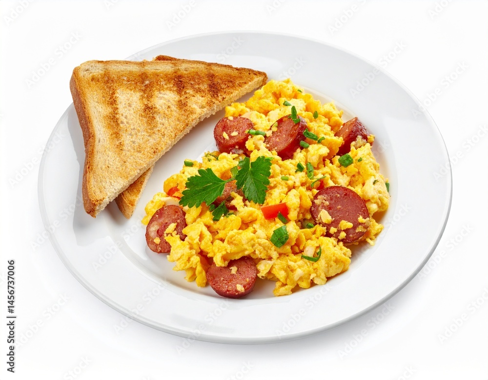 Plate of scrambled eggs mixed with sliced sausage, chives, and peppers served with two slices of toasted bread