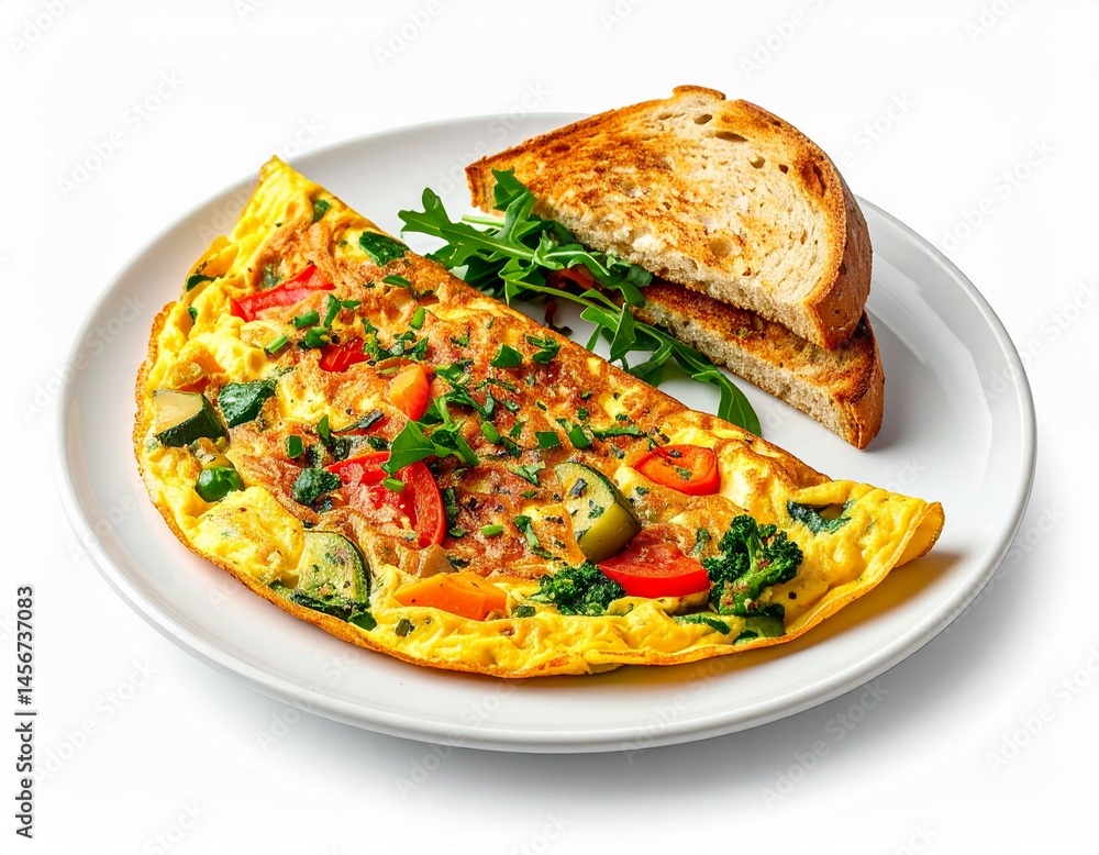 Omelet with vegetables and toast arranged on a white plate with fresh greens