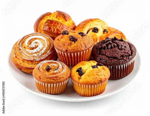 Obraz na płótnie A white plate displays assortment of various pastries including muffins and sweet rolls, all appetizing and delectable treats w salonie