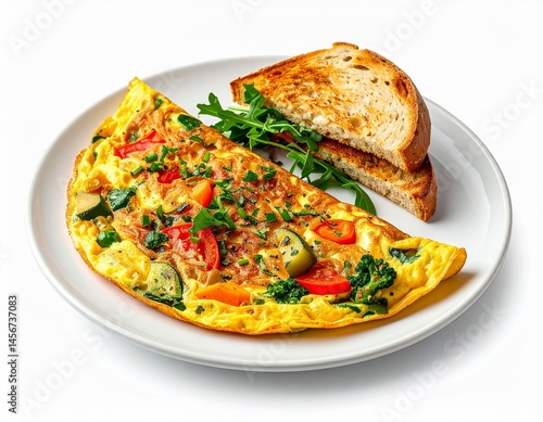 Obraz na płótnie Omelet with vegetables and toast arranged on a white plate with fresh greens w salonie