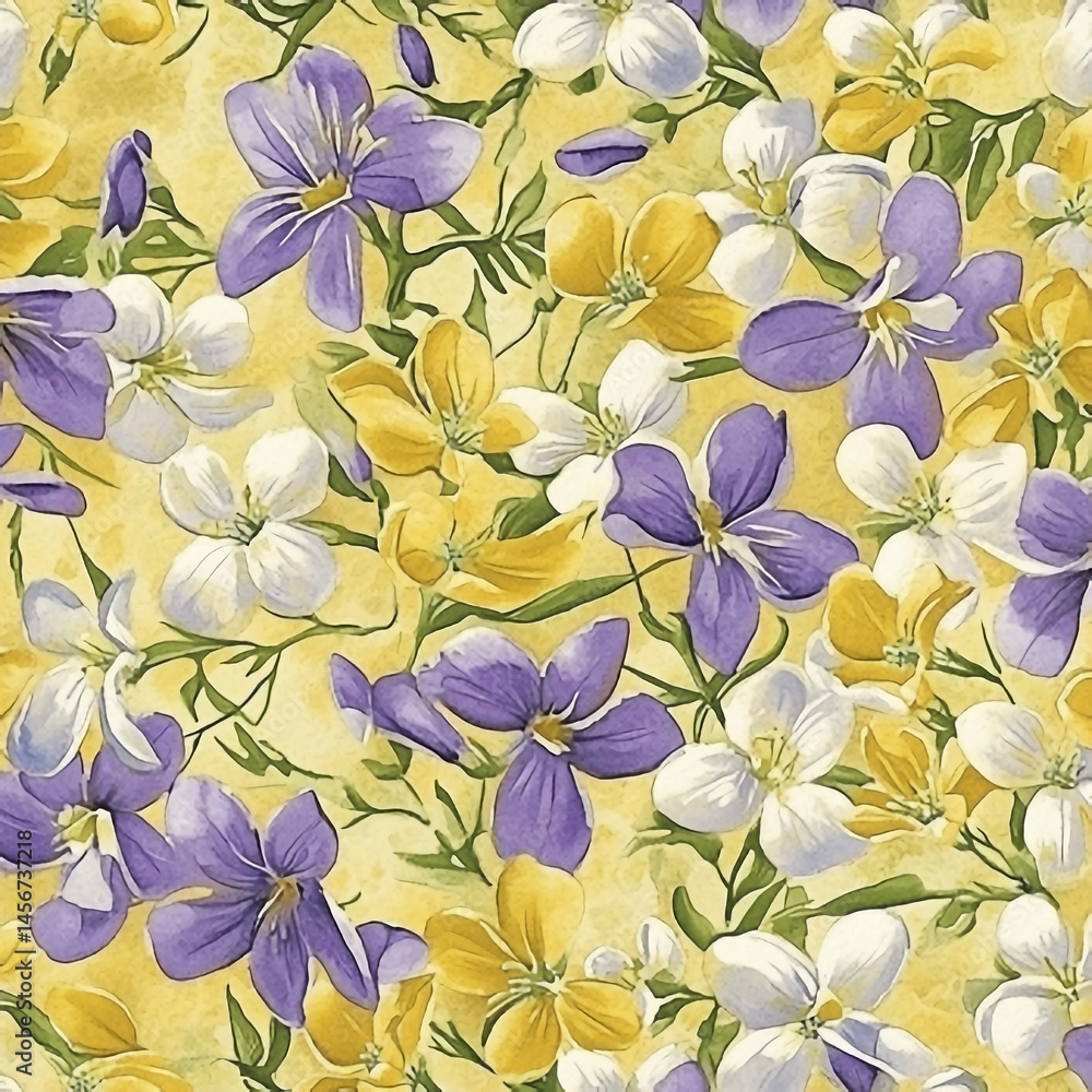 Obraz premium Floral Pattern Background Features Purple, Yellow, White Flowers and Green Leaves