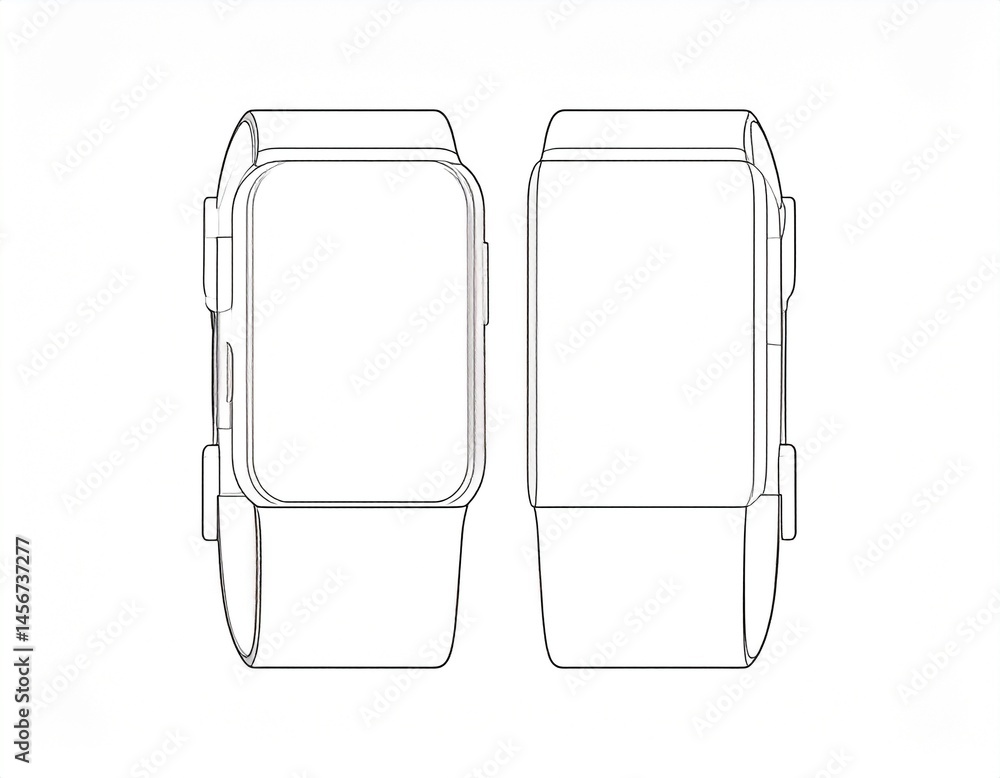 Depiction of a smartwatch. It shows a front and a side view. The strap and display are plain, offering a visual